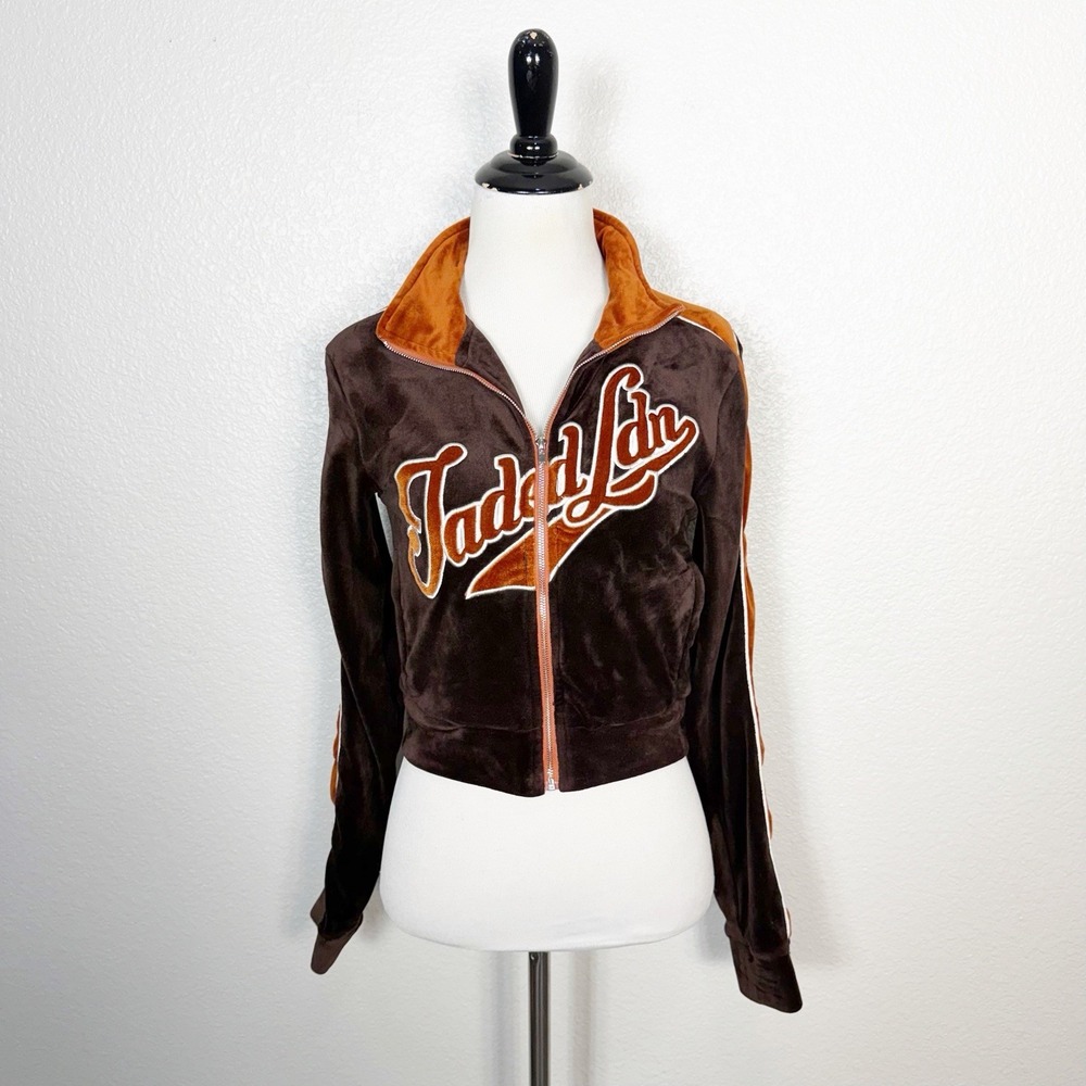 Jaded London Brown Velour Track Jacket Set Womens Size 2 Y2K Vintage Style Logo